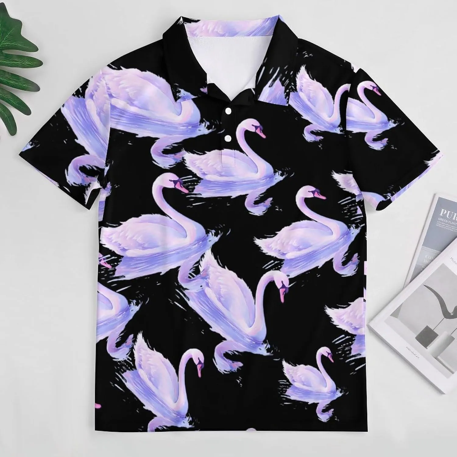 Fantasy Swan And Reflection Mens Polo Shirts Quick Dry Short Sleeve T-shirts Slim Tennis Collared Tees Tops