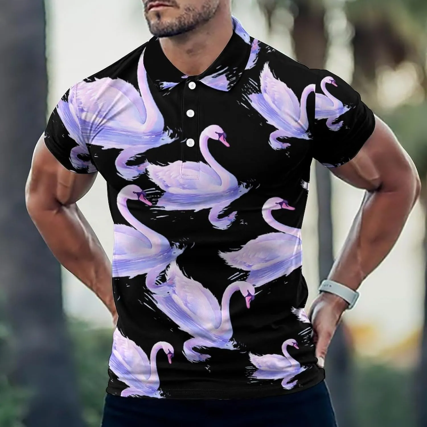 Fantasy Swan And Reflection Mens Polo Shirts Quick Dry Short Sleeve T-shirts Slim Tennis Collared Tees Tops