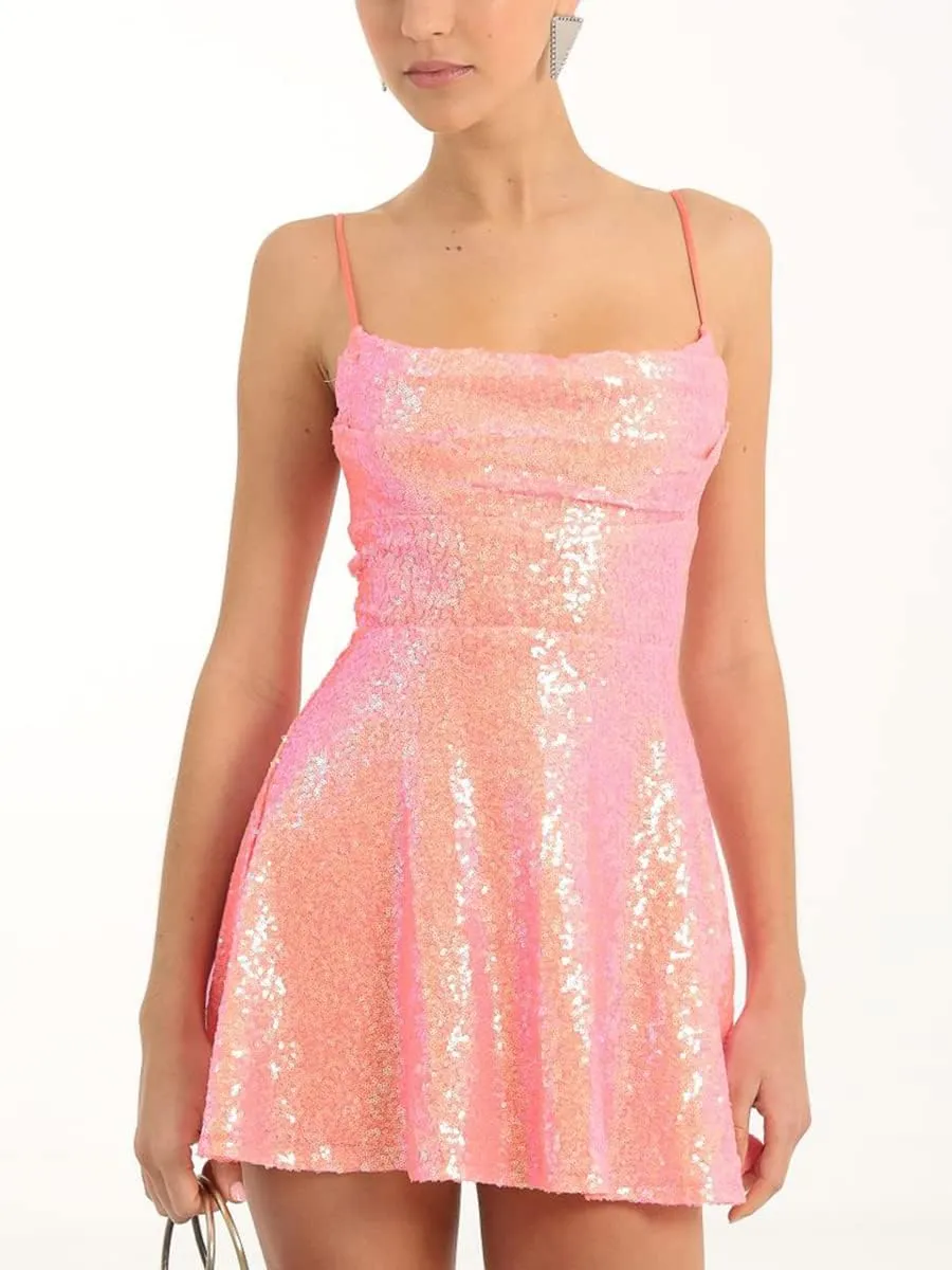 FEORJGP Womens Sparkly Sequin Mini Dress Shiny Spaghetti Strap Short Dress Glitter Disco Slip Dress Cocktail Party Club Dress