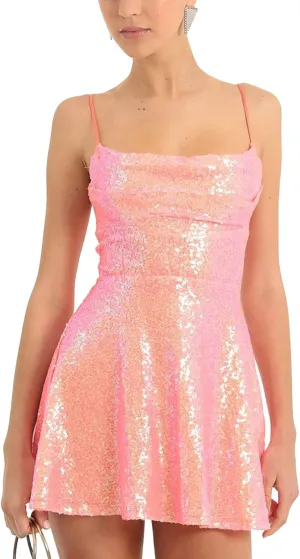 FEORJGP Womens Sparkly Sequin Mini Dress Shiny Spaghetti Strap Short Dress Glitter Disco Slip Dress Cocktail Party Club Dress