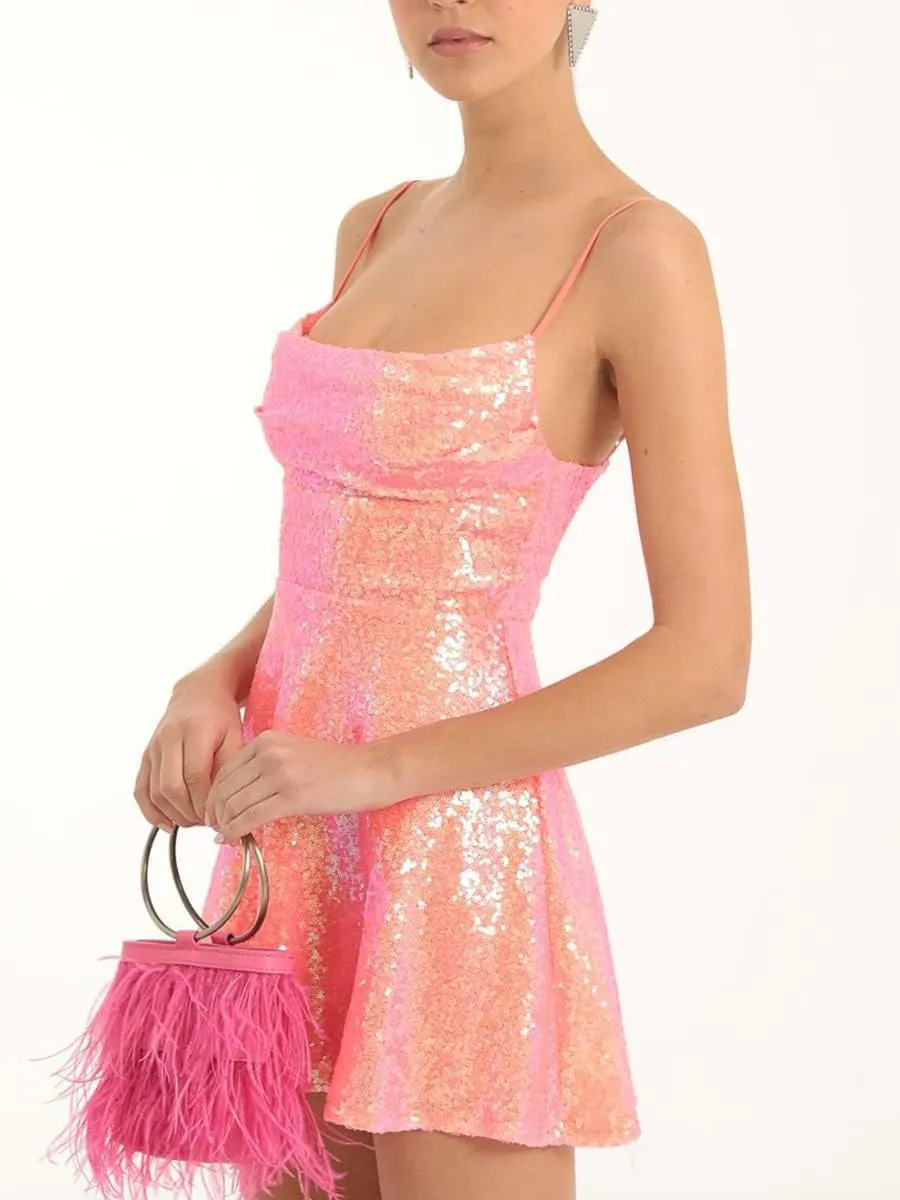 FEORJGP Womens Sparkly Sequin Mini Dress Shiny Spaghetti Strap Short Dress Glitter Disco Slip Dress Cocktail Party Club Dress