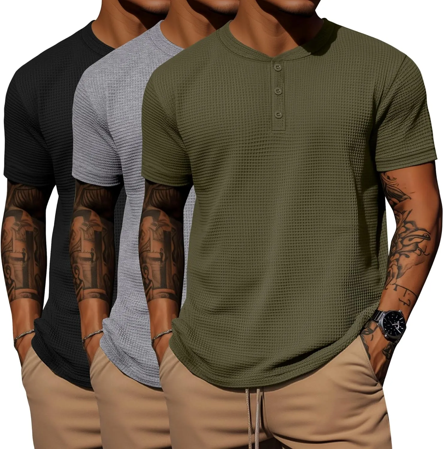 Ficerd 3 Pack Men's Waffle Henley Shirts, Short Sleeve Tees Cotton Summer Casual T-Shirts Knitted Pullover Tops 2025