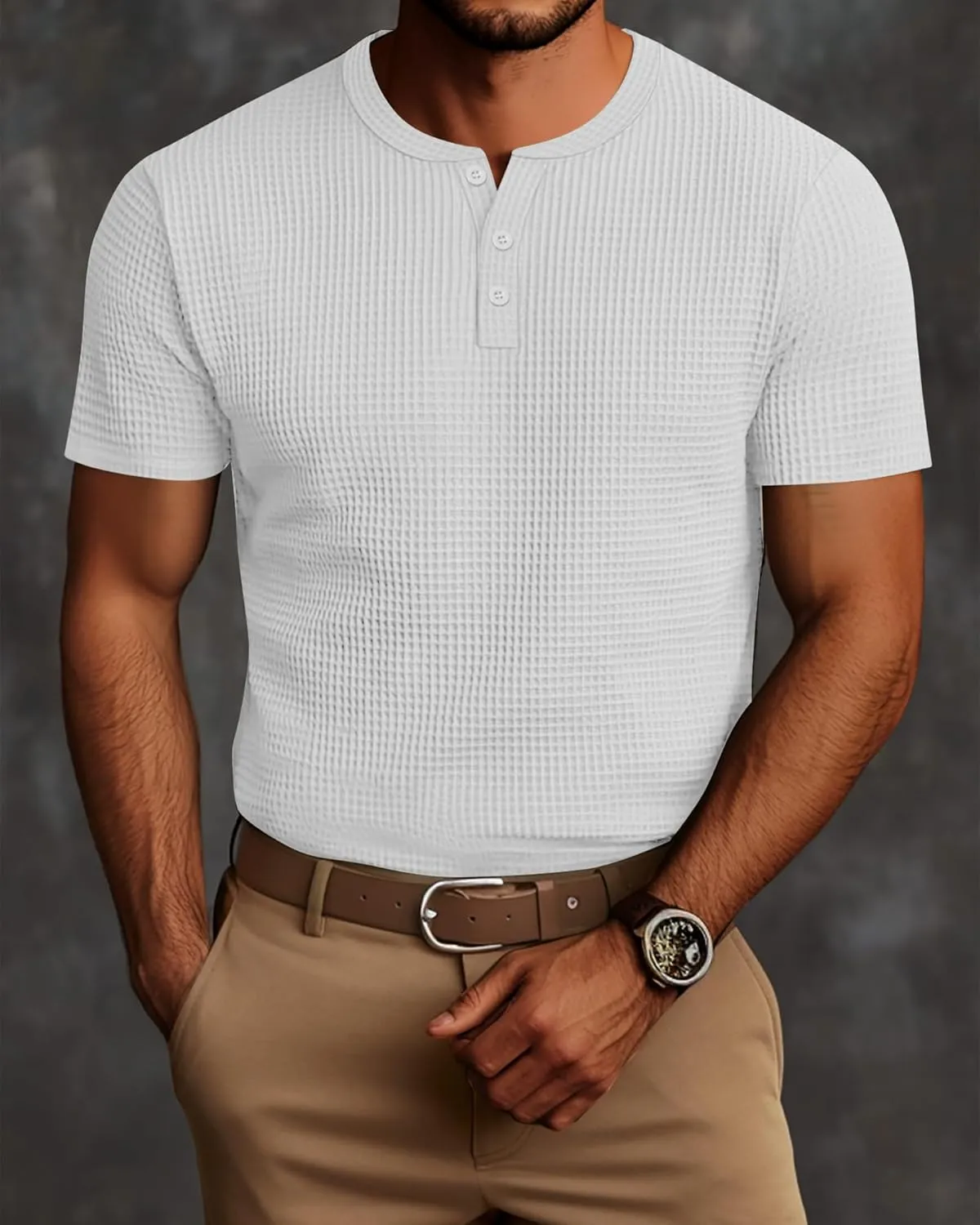 Ficerd 3 Pack Men's Waffle Henley Shirts, Short Sleeve Tees Cotton Summer Casual T-Shirts Knitted Pullover Tops 2025