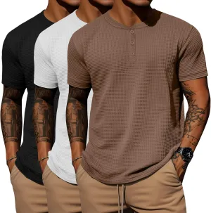Ficerd 3 Pack Men's Waffle Henley Shirts, Short Sleeve Tees Cotton Summer Casual T-Shirts Knitted Pullover Tops 2025