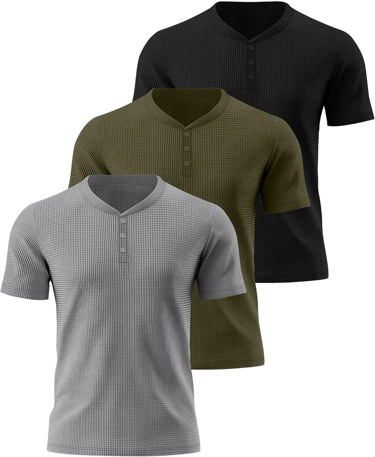 Ficerd 3 Pack Men's Waffle Henley Shirts, Short Sleeve Tees Cotton Summer Casual T-Shirts Knitted Pullover Tops 2025