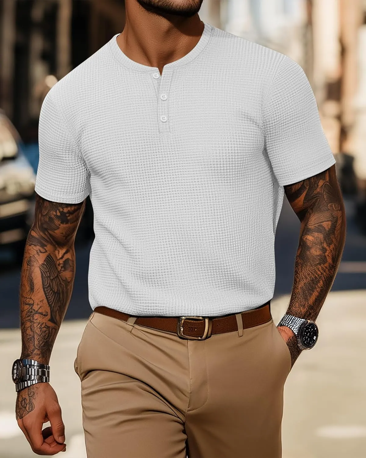Ficerd 3 Pack Men's Waffle Henley Shirts, Short Sleeve Tees Cotton Summer Casual T-Shirts Knitted Pullover Tops 2025