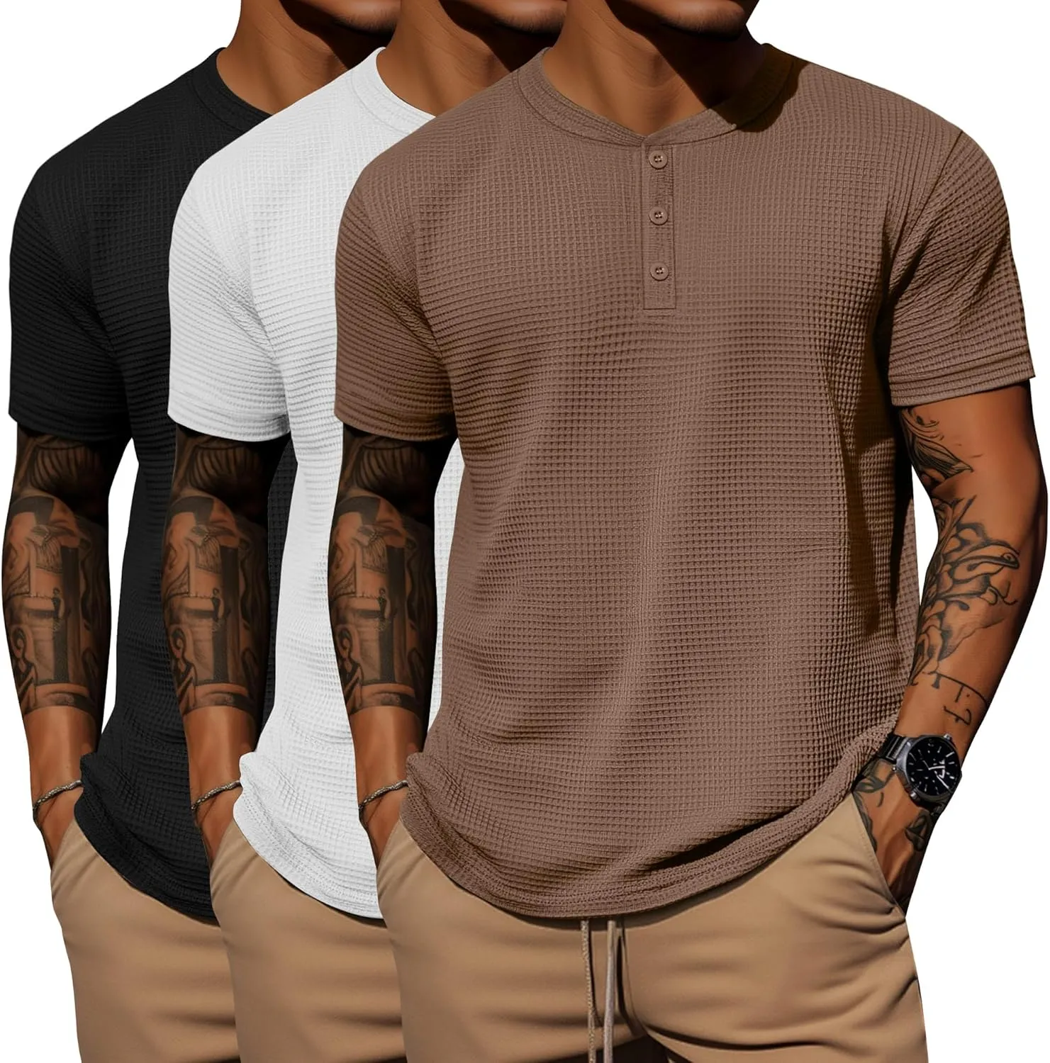 Ficerd 3 Pack Men's Waffle Henley Shirts, Short Sleeve Tees Cotton Summer Casual T-Shirts Knitted Pullover Tops 2025