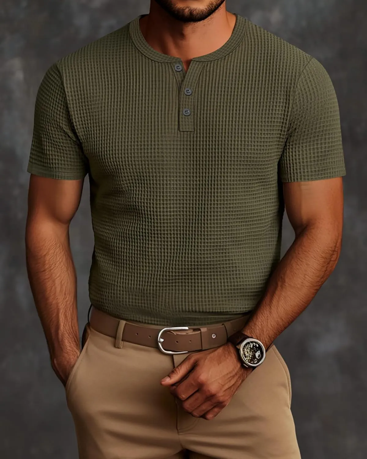 Ficerd 3 Pack Men's Waffle Henley Shirts, Short Sleeve Tees Cotton Summer Casual T-Shirts Knitted Pullover Tops 2025