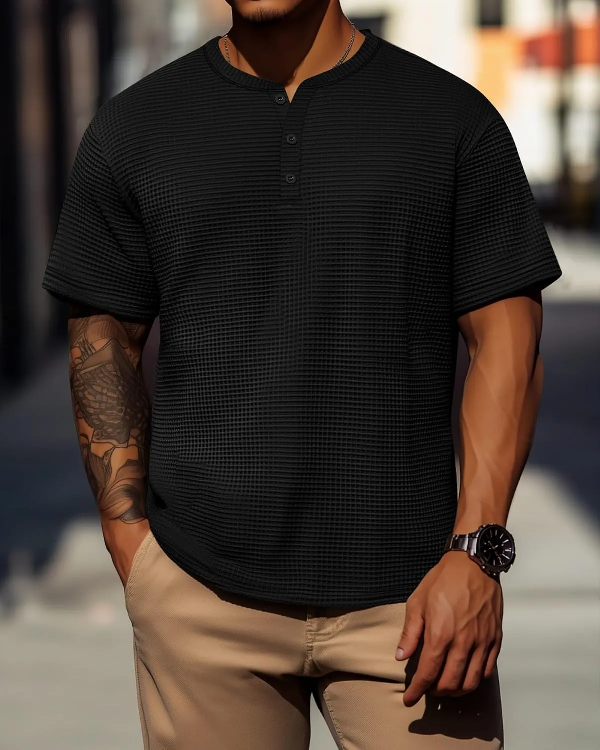 Ficerd 3 Pack Men's Waffle Henley Shirts, Short Sleeve Tees Cotton Summer Casual T-Shirts Knitted Pullover Tops 2025