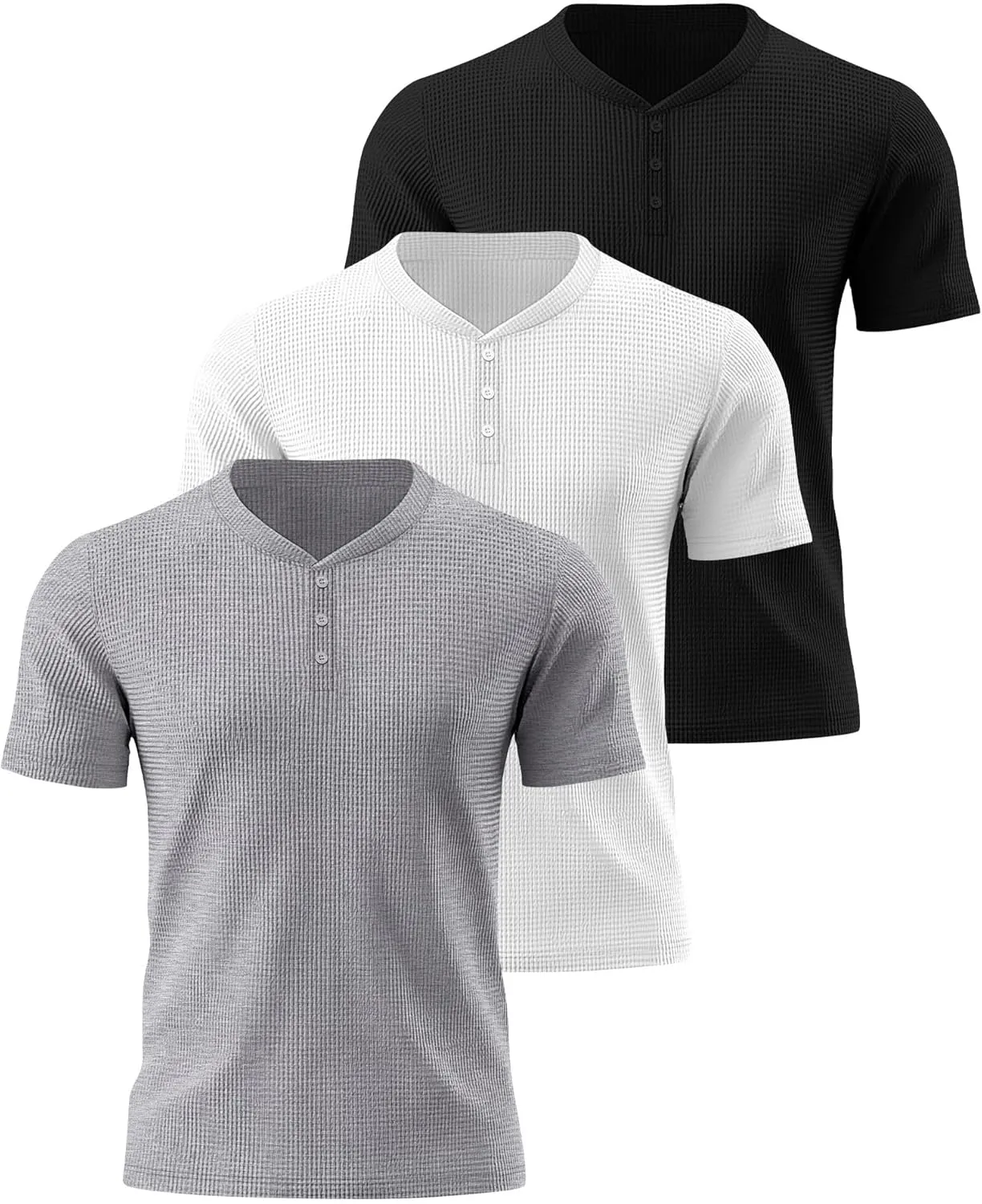 Ficerd 3 Pack Men's Waffle Henley Shirts, Short Sleeve Tees Cotton Summer Casual T-Shirts Knitted Pullover Tops 2025