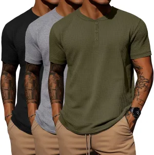 Ficerd 3 Pack Men's Waffle Henley Shirts, Short Sleeve Tees Cotton Summer Casual T-Shirts Knitted Pullover Tops 2025