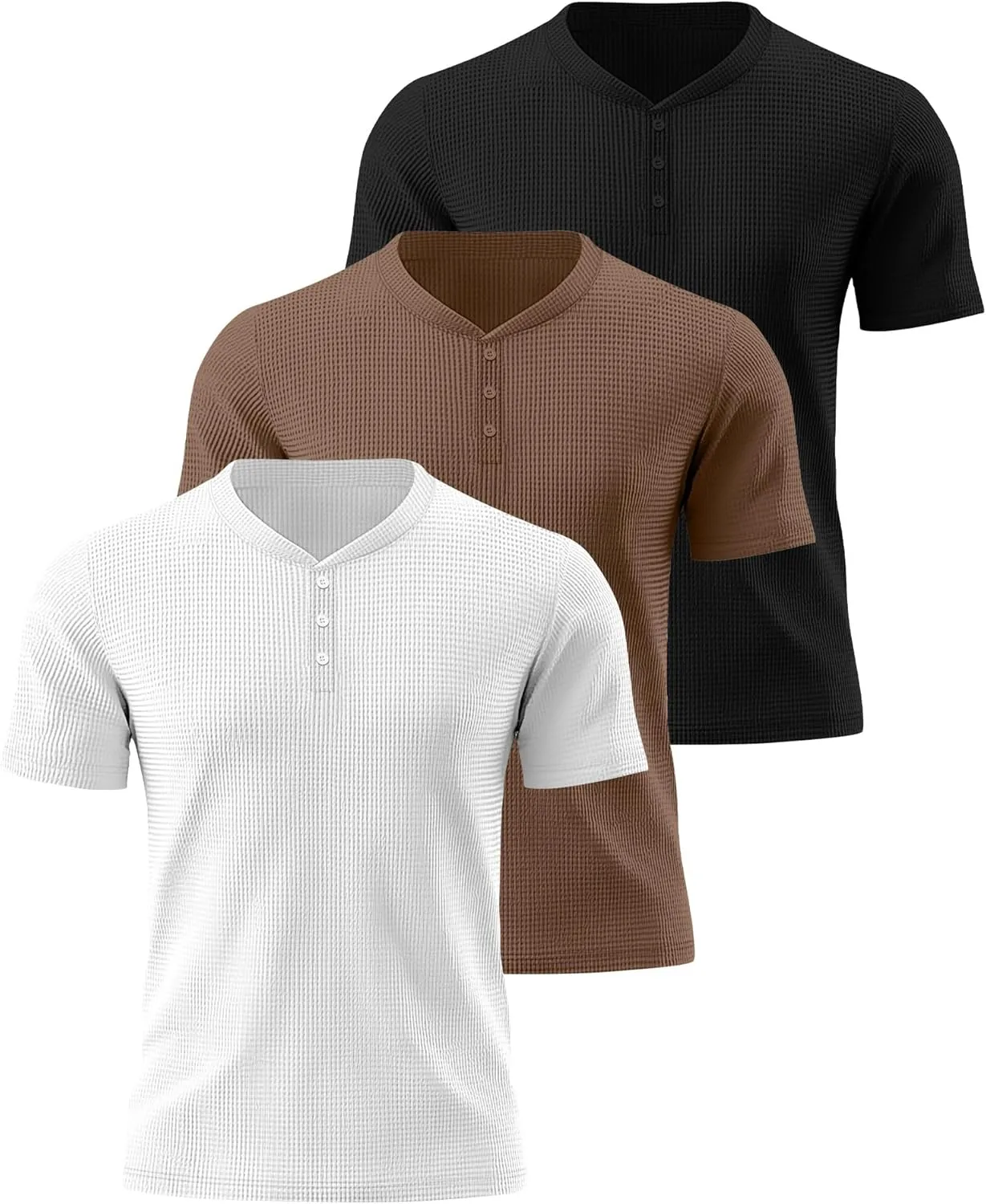 Ficerd 3 Pack Men's Waffle Henley Shirts, Short Sleeve Tees Cotton Summer Casual T-Shirts Knitted Pullover Tops 2025