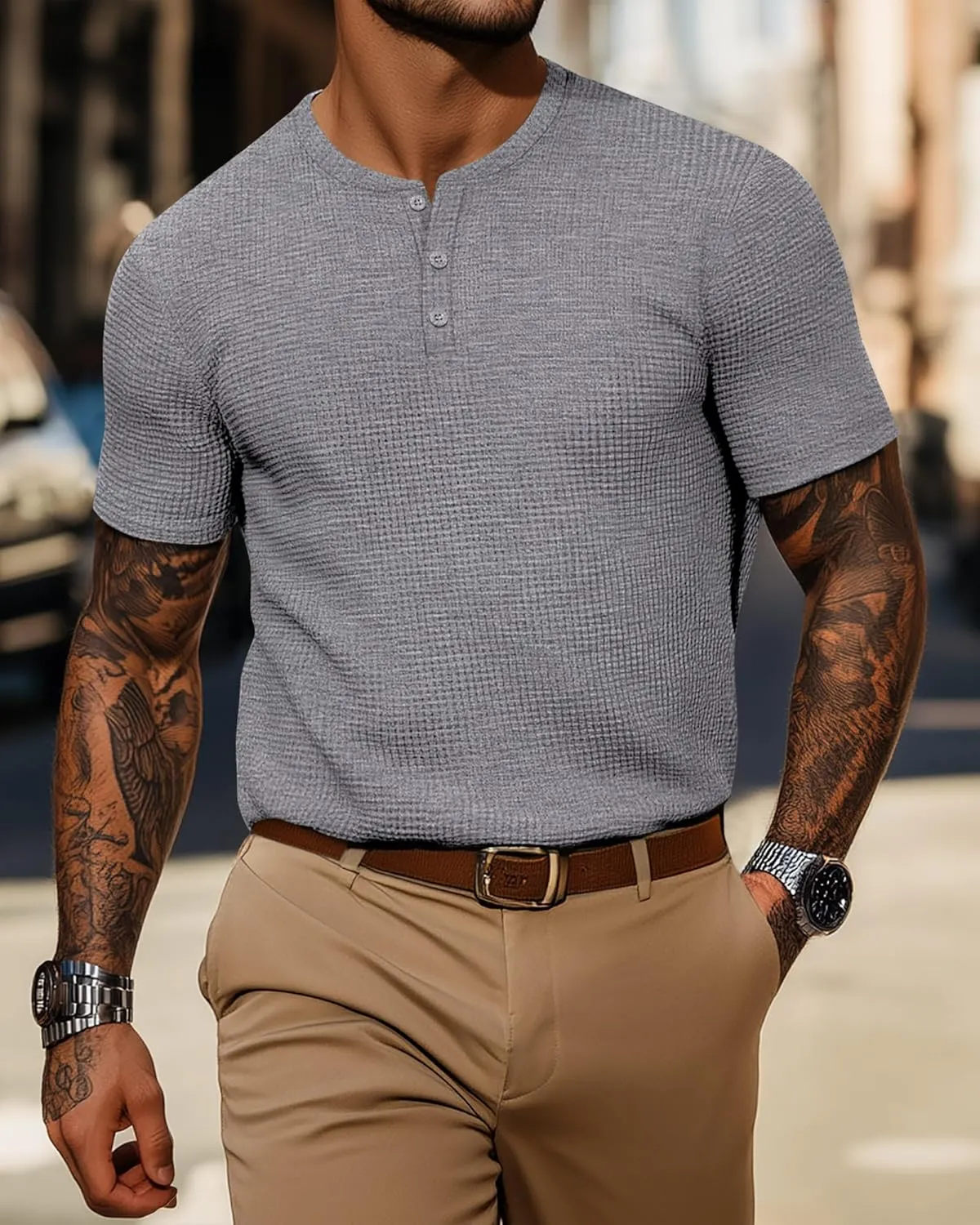 Ficerd 3 Pack Men's Waffle Henley Shirts, Short Sleeve Tees Cotton Summer Casual T-Shirts Knitted Pullover Tops 2025