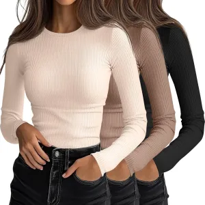 Ficerd 3 Pack Women's Long Sleeve Shirts, Crew Neck Slim Fit Tees Ribbed Knit Undershirts Casual Stretch Basic Layering Tops