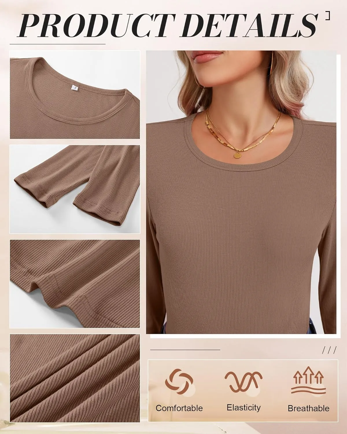 Ficerd 3 Pack Women's Long Sleeve Shirts, Crew Neck Slim Fit Tees Ribbed Knit Undershirts Casual Stretch Basic Layering Tops