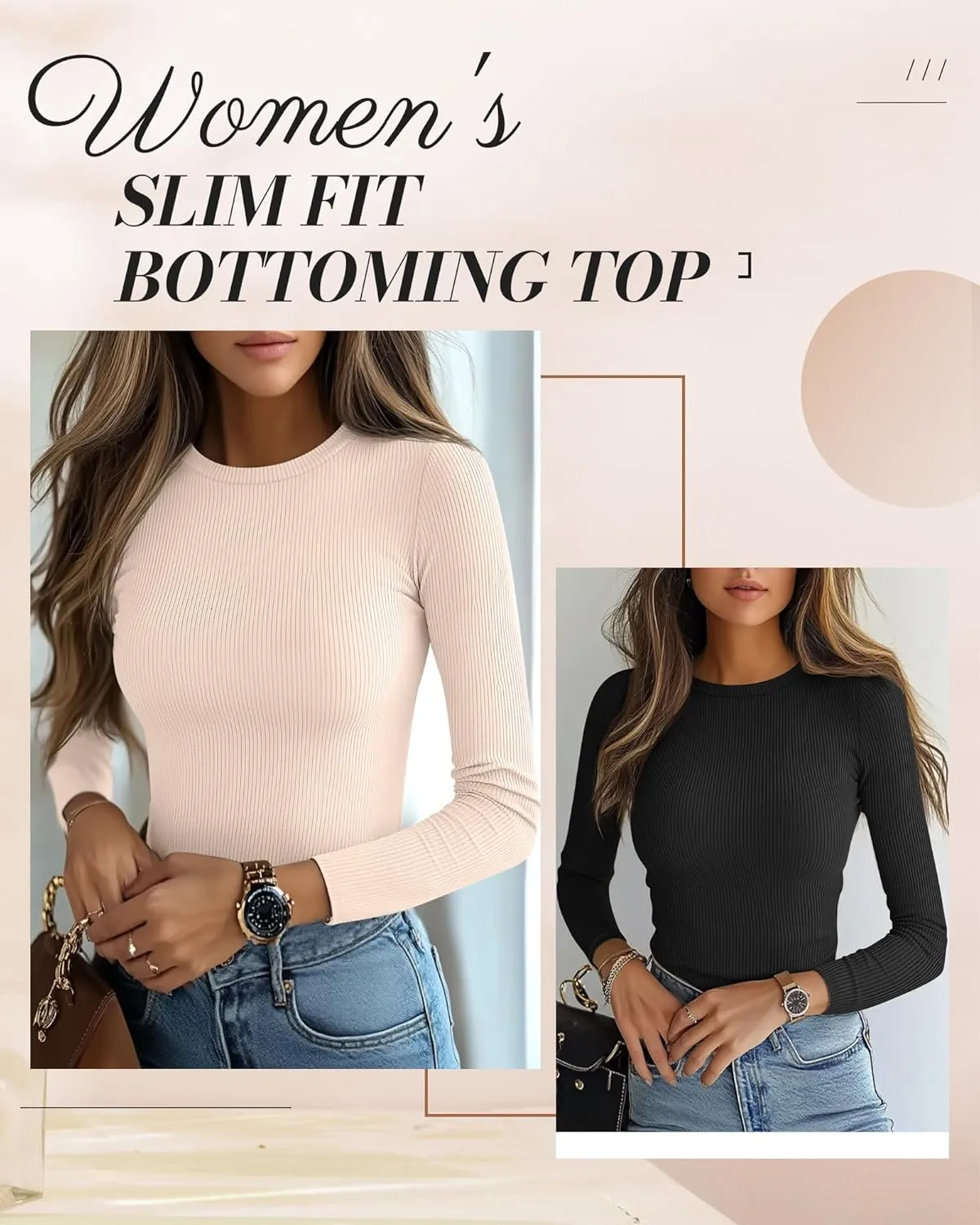 Ficerd 3 Pack Women's Long Sleeve Shirts, Crew Neck Slim Fit Tees Ribbed Knit Undershirts Casual Stretch Basic Layering Tops