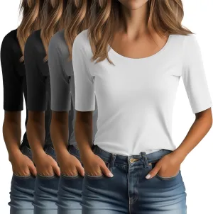 Ficerd 4 Pack Women's Scoop Neck Stretchy Tops Cotton Half Sleeve Slim Fit T-Shirts Tight Casual Basic Summer Tees