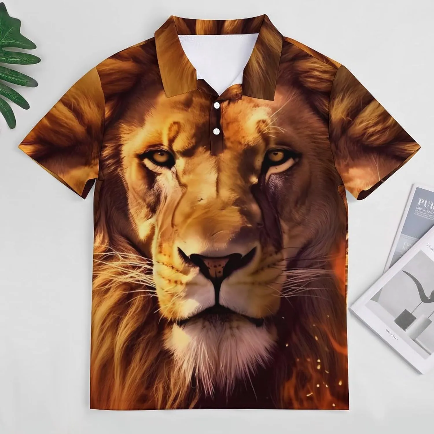 Fire Lion Burning Flame Mens Short Sleeve Polo Shirts Straight Sports Golf Tennis T-Shirt Quick Dry Long Top