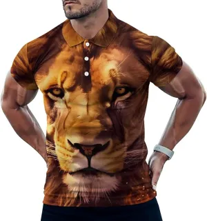 Fire Lion Burning Flame Mens Short Sleeve Polo Shirts Straight Sports Golf Tennis T-Shirt Quick Dry Long Top
