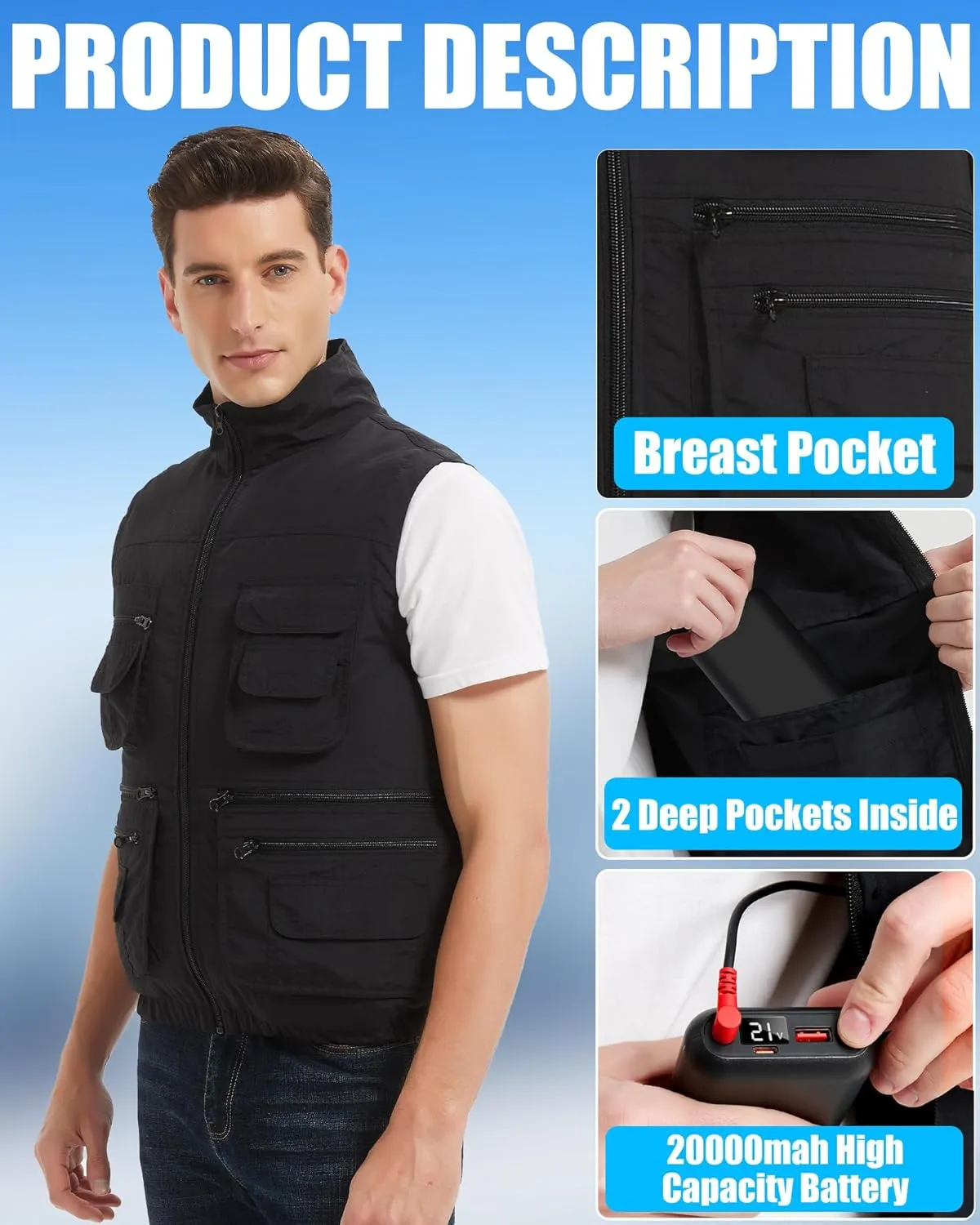 Fishing Cooling Vest Jacket with 2 Fans - 21V Air Conditioner Fan Vests for Men and Women, With 20000mAh Battery