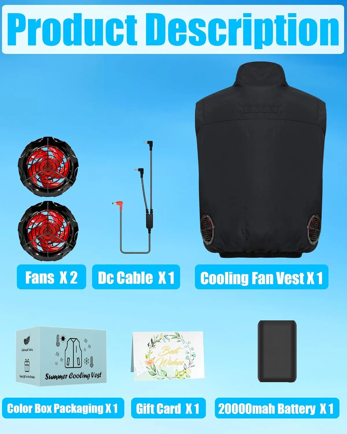 Fishing Cooling Vest Jacket with 2 Fans - 21V Air Conditioner Fan Vests for Men and Women, With 20000mAh Battery