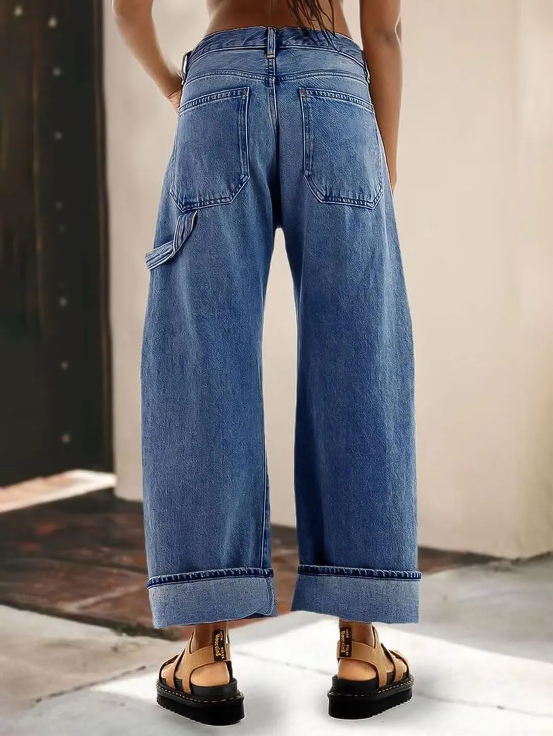 Flamingals Low Rise Barrel Jeans for Women Roll Hem Wash Wide Leg Jeans Baggy Jeans