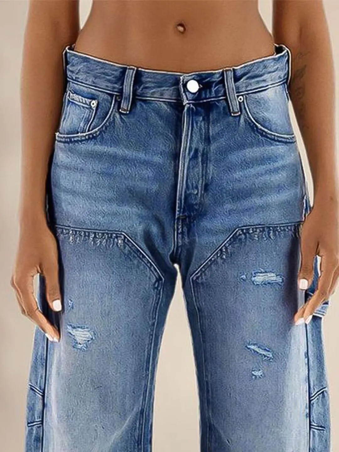 Flamingals Low Rise Barrel Jeans for Women Roll Hem Wash Wide Leg Jeans Baggy Jeans