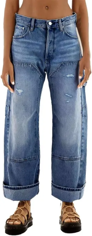 Flamingals Low Rise Barrel Jeans for Women Roll Hem Wash Wide Leg Jeans Baggy Jeans