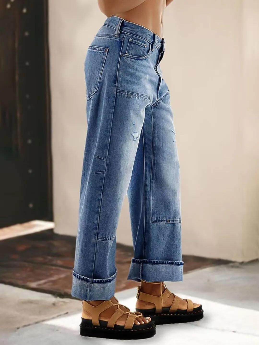 Flamingals Low Rise Barrel Jeans for Women Roll Hem Wash Wide Leg Jeans Baggy Jeans