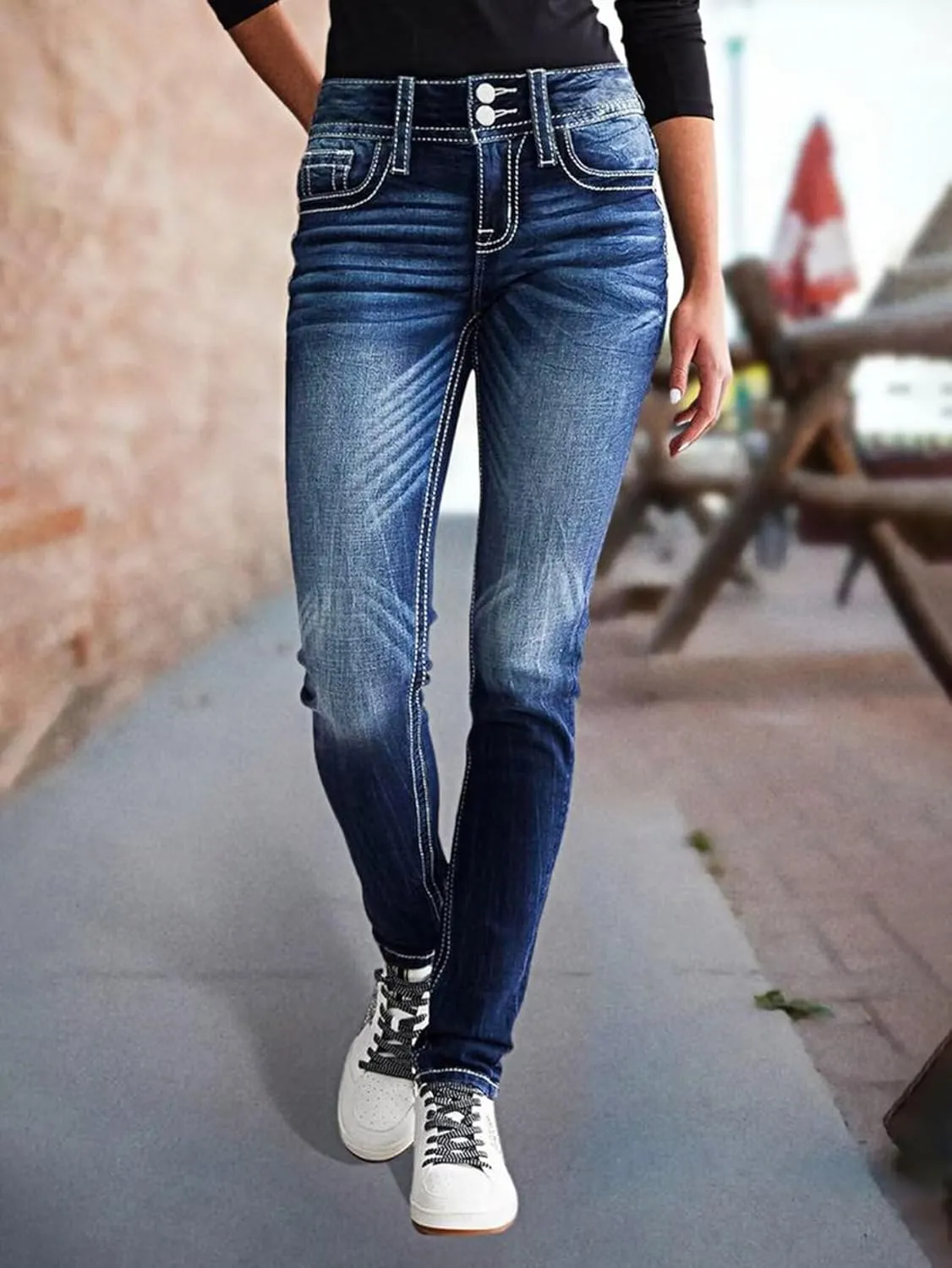 Flamingals Skinny Leg Jeans for Women Stretch Mid Rise Bootcut Jeans Prussian Blue