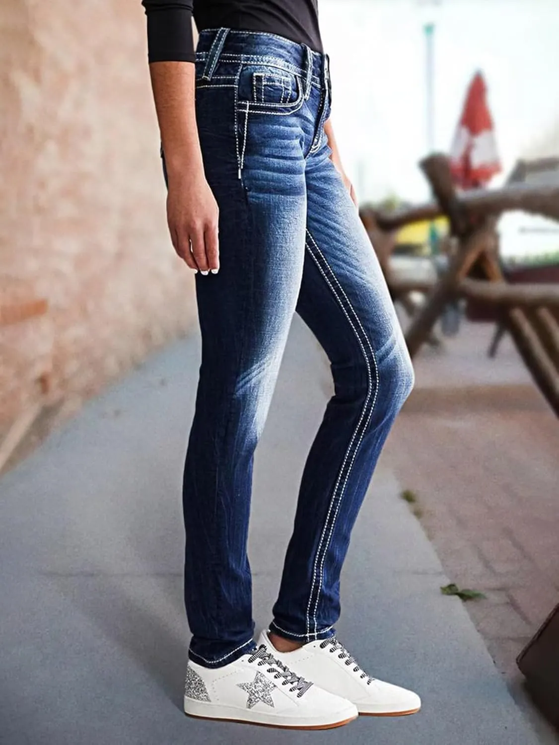 Flamingals Skinny Leg Jeans for Women Stretch Mid Rise Bootcut Jeans Prussian Blue