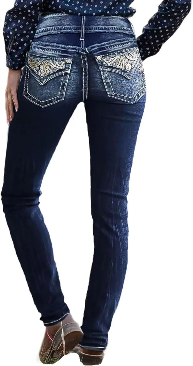 Flamingals Skinny Leg Jeans for Women Stretch Mid Rise Bootcut Jeans Prussian Blue