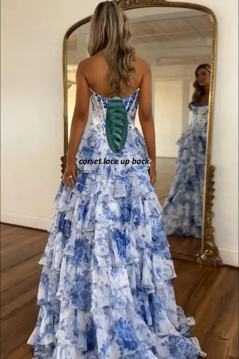 Floral Print Tiered Prom Dresses Long Ball Gown 2025 Strapless Tulle Lace Formal Evening Gowns with Slit