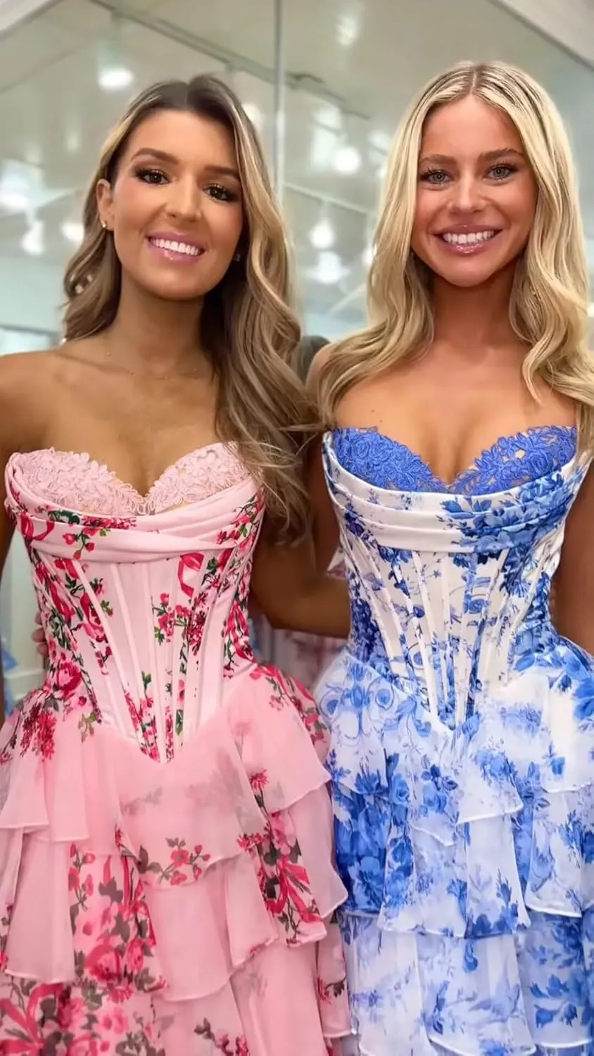 Floral Print Tiered Prom Dresses Long Ball Gown 2025 Strapless Tulle Lace Formal Evening Gowns with Slit
