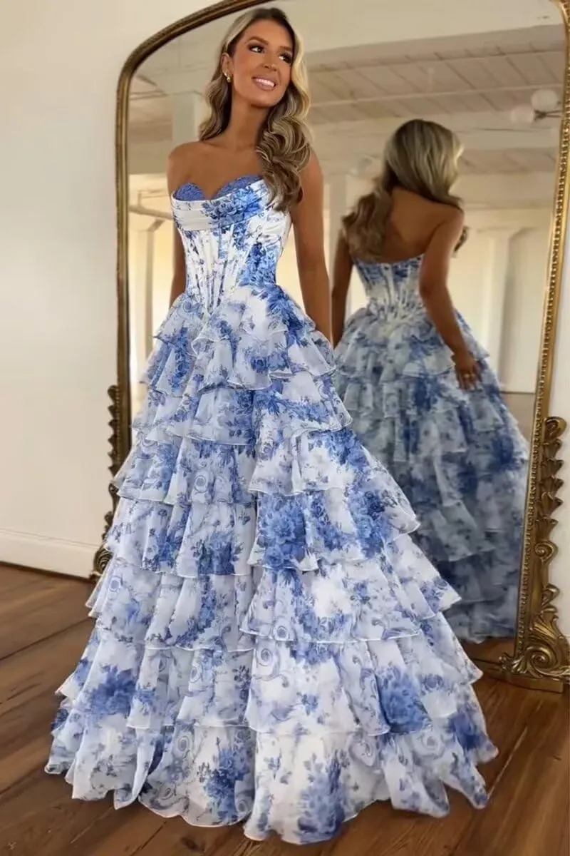 Floral Print Tiered Prom Dresses Long Ball Gown 2025 Strapless Tulle Lace Formal Evening Gowns with Slit