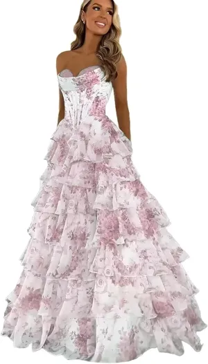 Floral Print Tiered Prom Dresses Long Ball Gown 2025 Strapless Tulle Lace Formal Evening Gowns with Slit