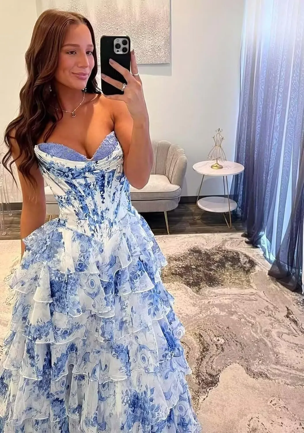 Floral Print Tiered Prom Dresses Long Ball Gown 2025 Strapless Tulle Lace Formal Evening Gowns with Slit