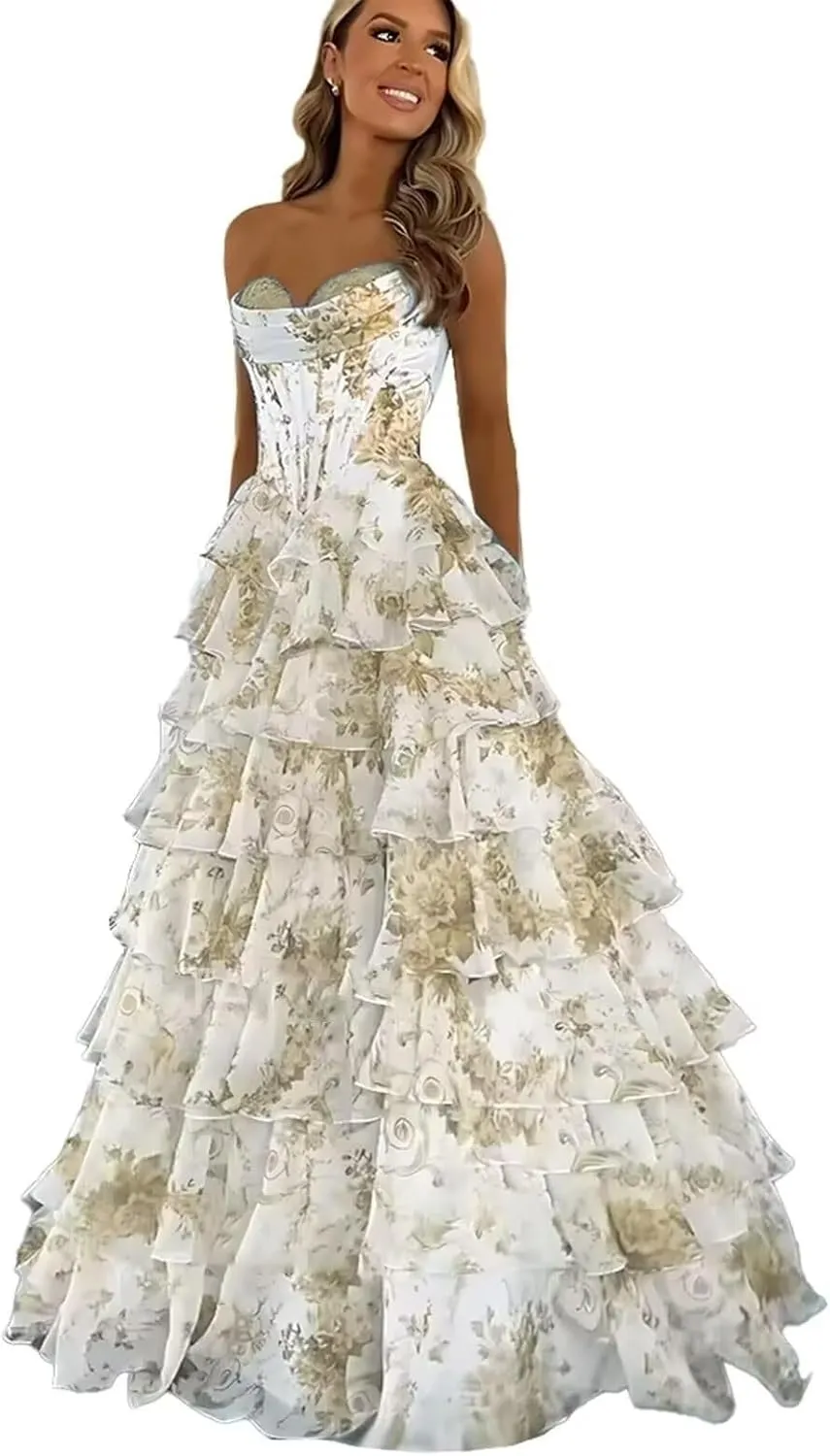 Floral Print Tiered Prom Dresses Long Ball Gown 2025 Strapless Tulle Lace Formal Evening Gowns with Slit