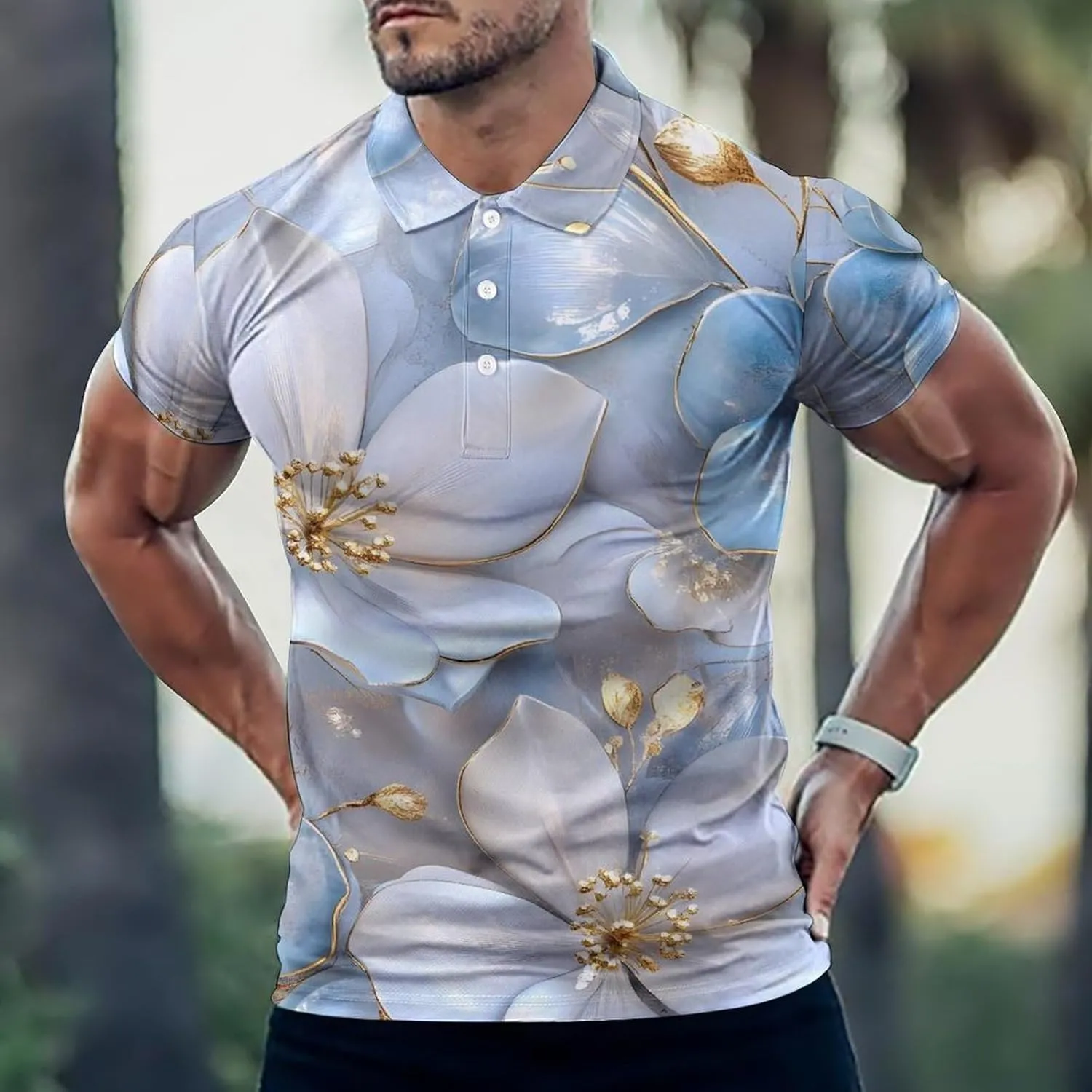 Flower Floral 3D Effect Mens Polo Shirts Quick Dry Short Sleeve T-shirts Slim Tennis Collared Tees Tops