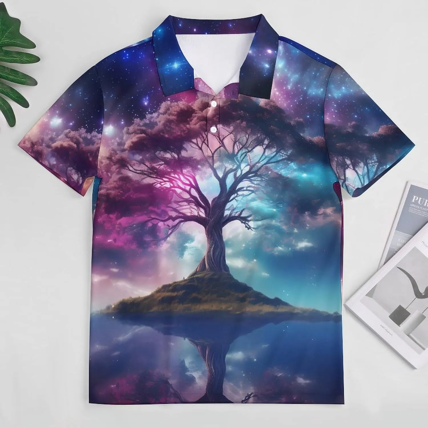 Galaxy Sky Star Tree Mens Short Sleeve Polo Shirts Straight Sports Golf Tennis T-Shirt Quick Dry Long Top