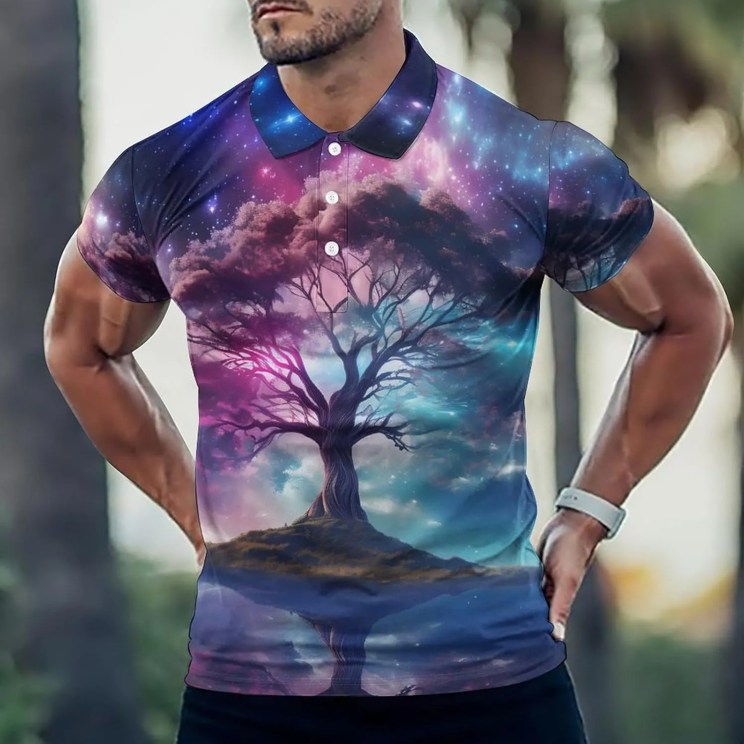 Galaxy Sky Star Tree Mens Short Sleeve Polo Shirts Straight Sports Golf Tennis T-Shirt Quick Dry Long Top