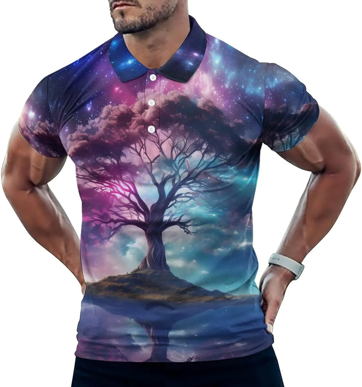Galaxy Sky Star Tree Mens Short Sleeve Polo Shirts Straight Sports Golf Tennis T-Shirt Quick Dry Long Top