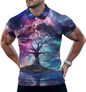 Galaxy Sky Star Tree Mens Short Sleeve Polo Shirts Straight Sports Golf Tennis T-Shirt Quick Dry Long Top