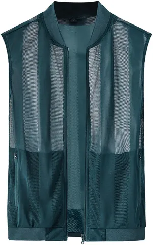 Generic Men's Summer Thin Casual Sports Standing Collar Vest Breathable Skin Mesh Fishing Vest with Pocket