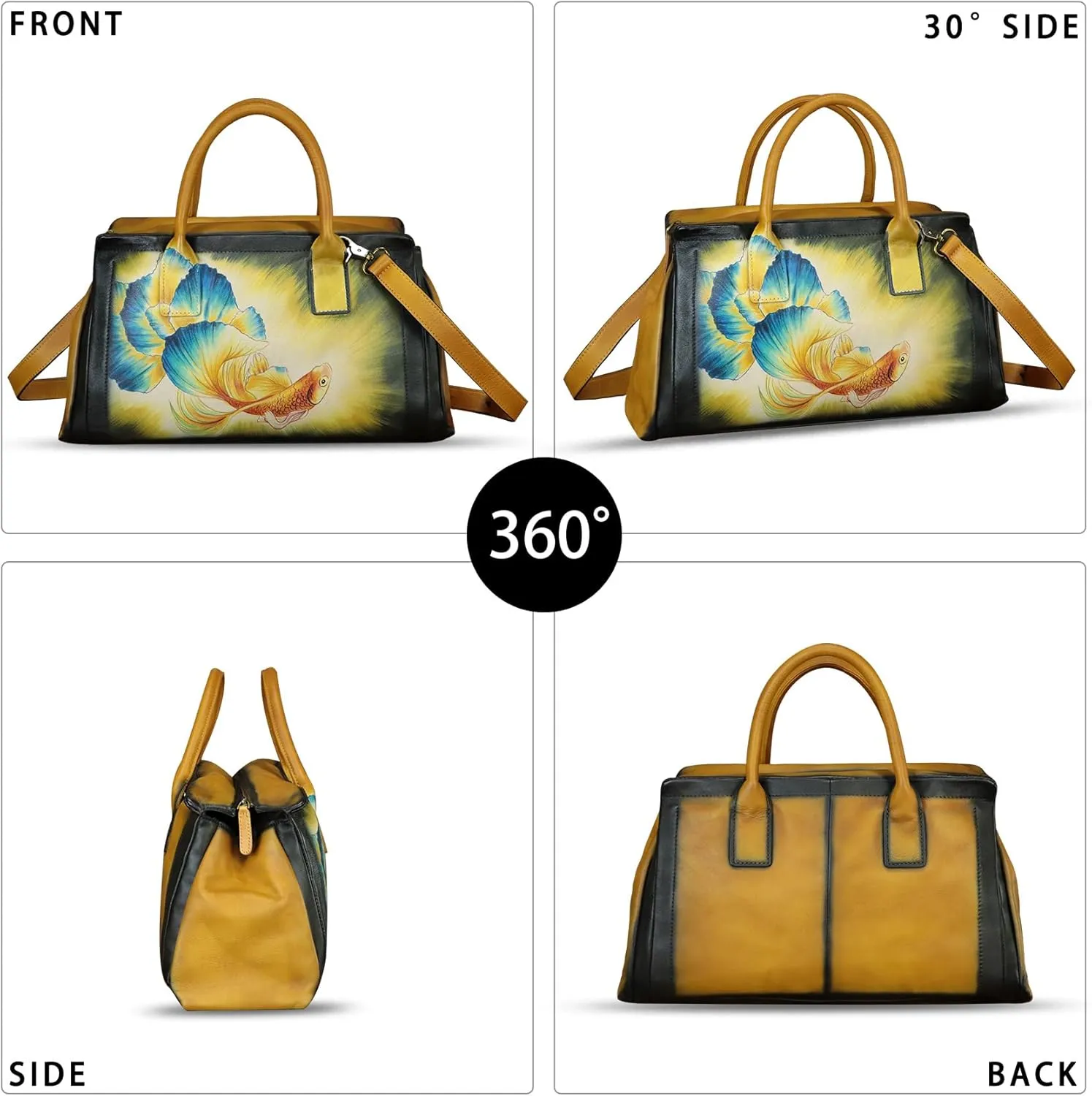 Genuine Leather Satchel for Women Hand Painted Handbag Top Handle Bags Handmade Crossbody Purse Tote Bag