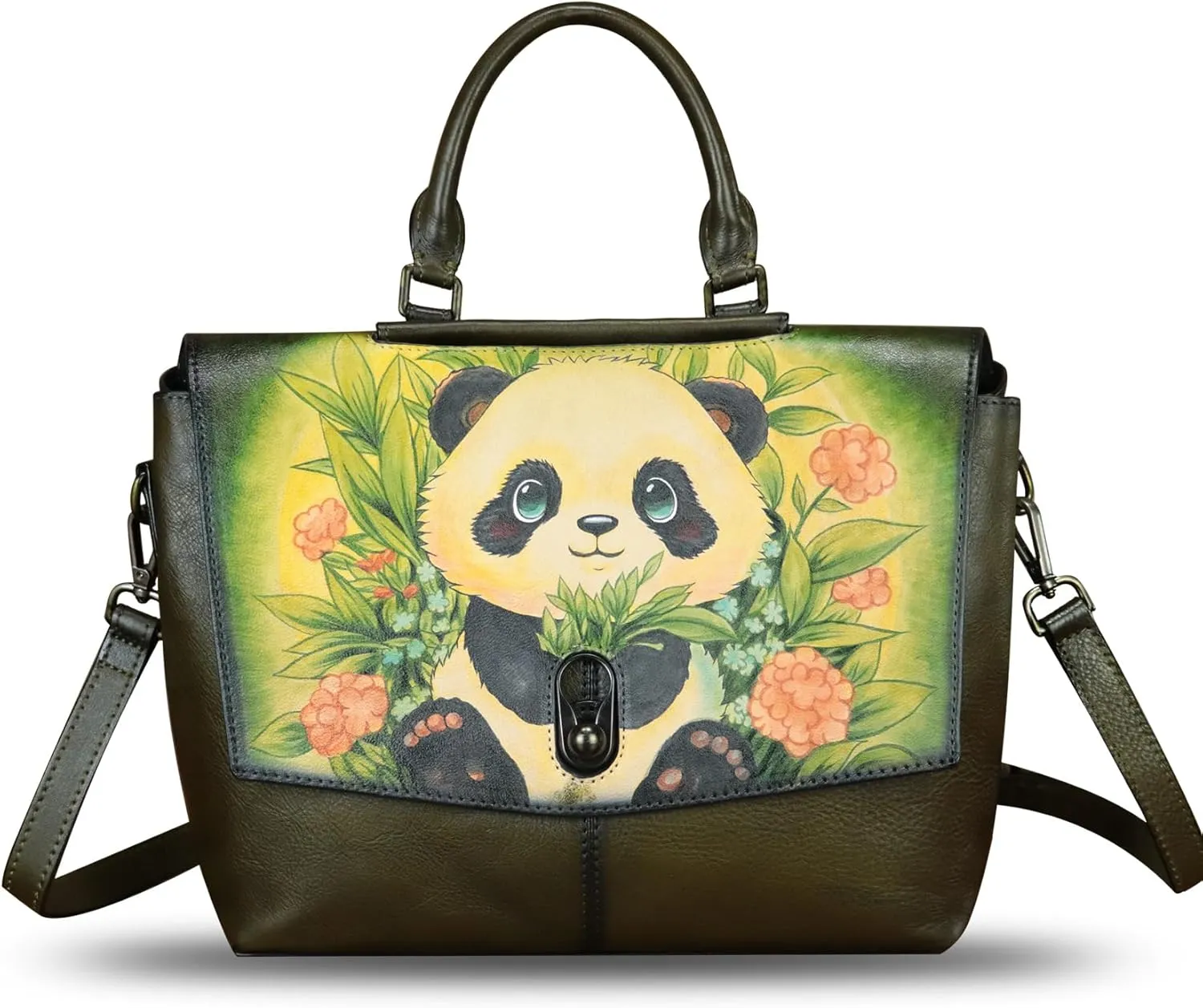 Genuine Leather Satchel for Women Hand Painted Handbag Top Handle Bags Handmade Purse Crossbody Tote Bag Purse