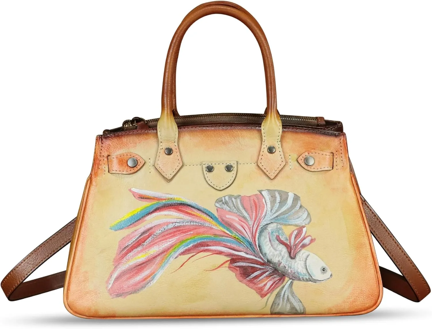 Genuine Leather Satchel for Women Hand Painted Leather Handbag Top Handle Bags Handmade Crossbody Purse Work Tote