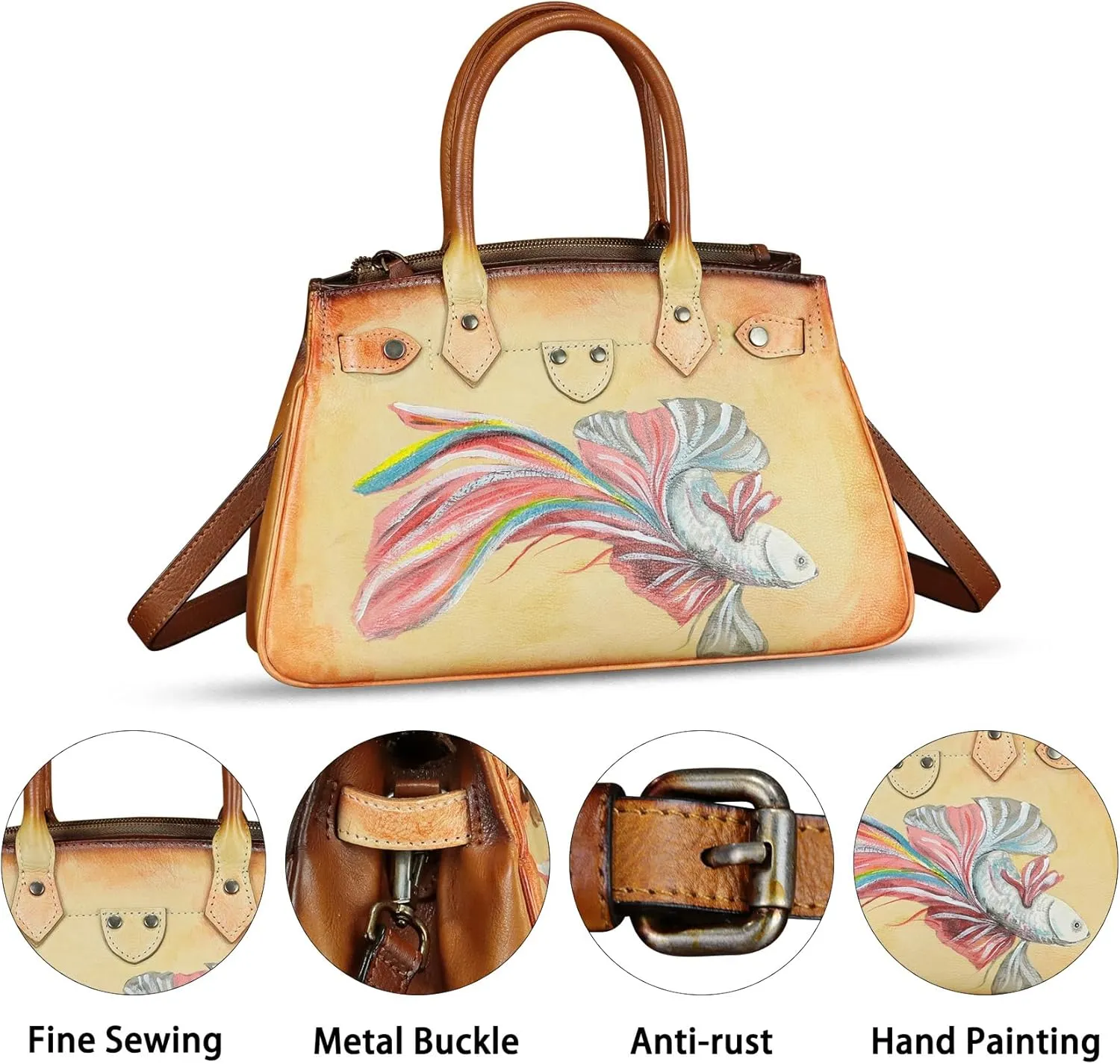 Genuine Leather Satchel for Women Hand Painted Leather Handbag Top Handle Bags Handmade Crossbody Purse Work Tote