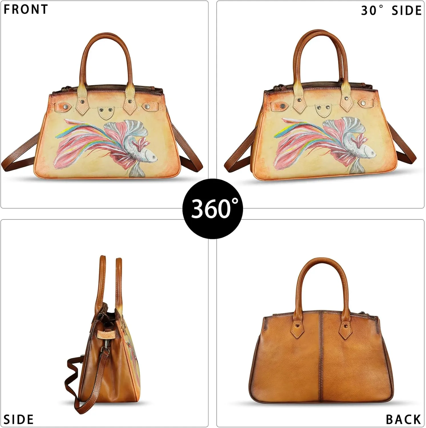 Genuine Leather Satchel for Women Hand Painted Leather Handbag Top Handle Bags Handmade Crossbody Purse Work Tote