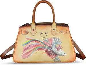 Genuine Leather Satchel for Women Hand Painted Leather Handbag Top Handle Bags Handmade Crossbody Purse Work Tote